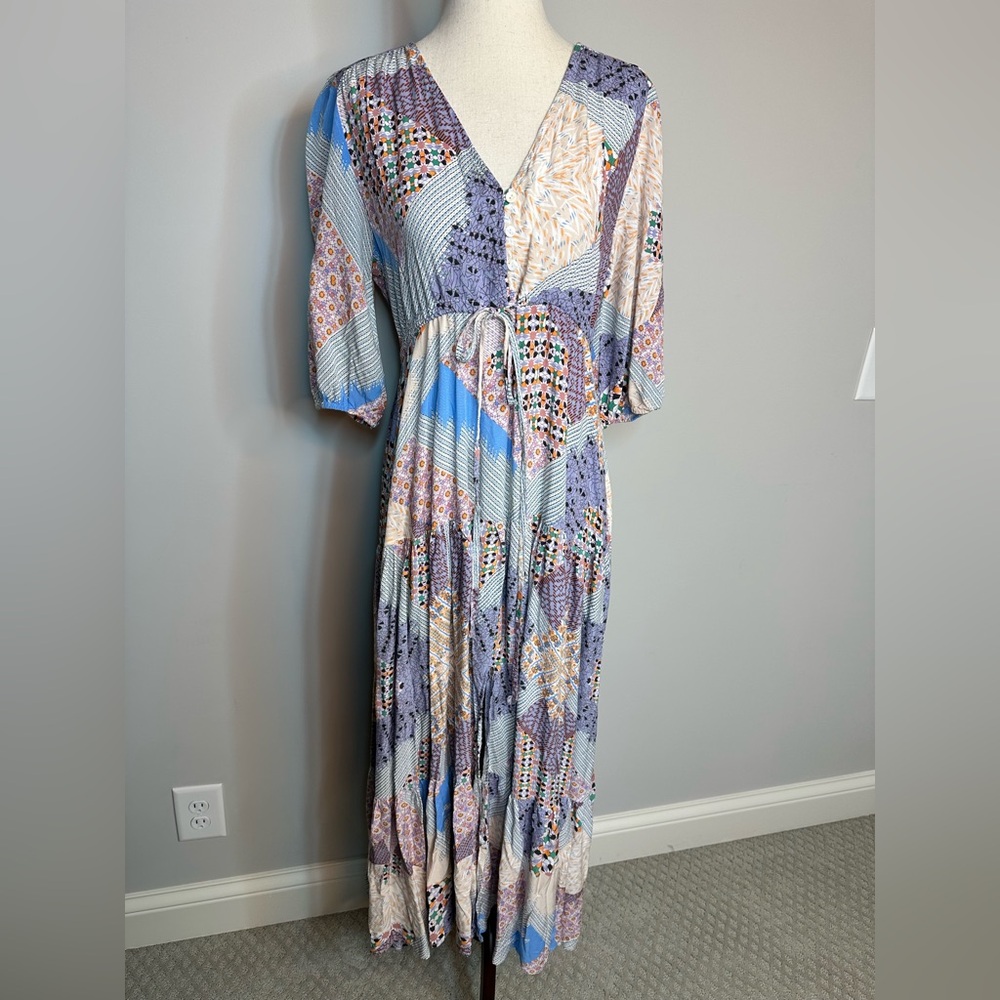 Sz S Jaase midi tiered dress patchwork print short sleeve v neck loose sleeve